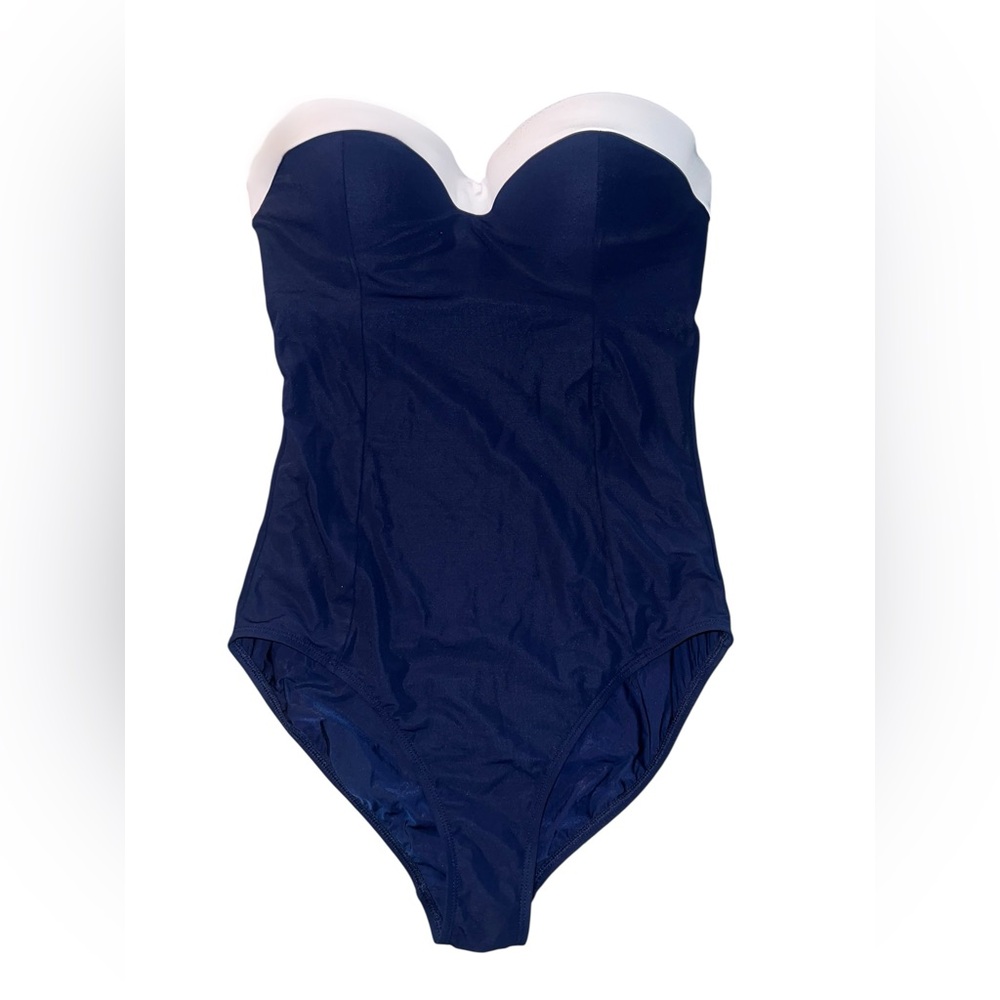 Like New Tory Burch Strapless One Piece Swimsuit Navy Blue White Padded Bust - Picture 2 of 5